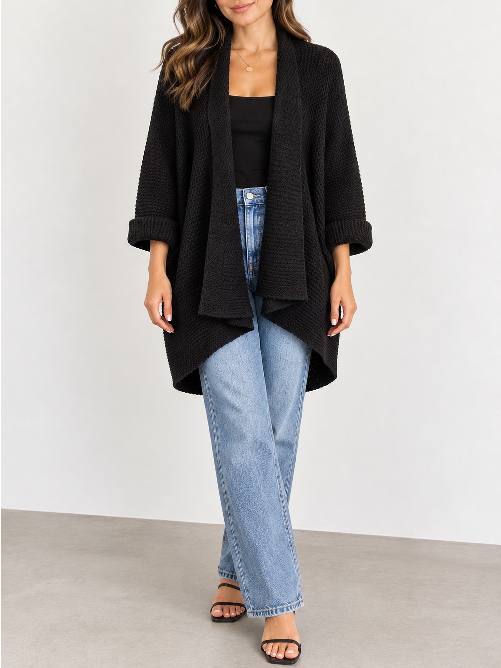 Brochu Walker Black Alpaca Blend Open Front Draped Cardigan